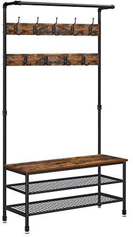 VASAGLE Porte-Manteau, Grand Meuble d’Entrée avec Banc, 9 Crochets, Range-Chaussures, Tringle, 41,5 x 100 x 182 cm, pour Couloir, Salon, Chambre, Marron Rustique et Noir HSR47BX