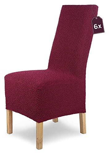 SCHEFFLER-Home Stuhlhussen Stretch Jacquard Lea/Stuhlüberzug 6er Set Rot/Stuhlhussen Schwingstühle 6er / Stuhl Bezug waschbar mit Gummiband/Elegante Stuhl Überzieher