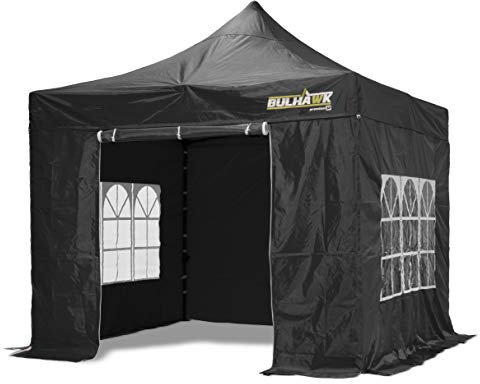 3M x 3M BULHAWK PREMIUM 32 COMMERCIAL GRADE, FULLY WATERPROOF, HEAVY DUTY POP UP GAZEBO MARKET STALL MARQUEE, INCLUDES 4 X 100% WATERPROOF SIDEWALLS AND WHEELED CARRY BAG (Black (Including Sides))