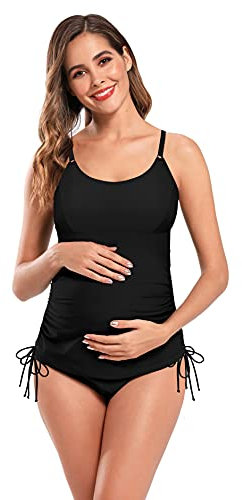 SHEKINI Damen Umstandstankini Zweiteiliger Badeanzug Retro Ruched Bauchkontrolle Verstellbare Tankini Set Grosse Grössen Umstandsbadeanzug (3XL,A-Schwarz)