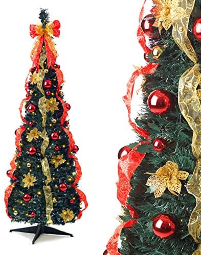 Best Artificial 6ft Pre-lit Pre-Decorated Pop-up Christmas Tree Xmas with Lights (Red/Gold)