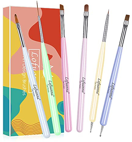 Lofuanna Lot de 6Pcs Pinceaux Nail Art,Pinceau pour Vernis à Ongles,Pinceau Acrylique Ongle,Pinceau pour Nail Art et Stylo Pointillé pour Bricolage Nail Art Design Manucure