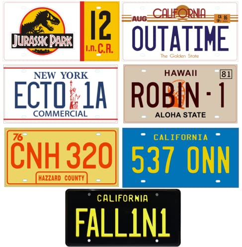 OPO 10 - Set of 7 license plate replicas of cars from famous movies and series (MAGNUM, STARSKY, JURASSIC, GHOSTBUSTERS, RETOUR TO THE FUTURE, LUCIFER, SHERIFF ...) PF20