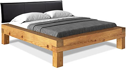 moebel-eins CURBY Balkenbett mit Polster-Kopfteil, 4-Fuß, Material Massivholz, 160 x 220 cm, Natur, Kunstleder Schwarz, Standardhöhe