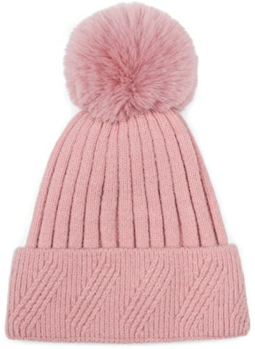 styleBREAKER Damen Strick Bommelmütze Rippenmuster | Isolierendes Thermo-Fleece-Innenfutter, 11 cm Fake-Fur-Pompon, 22 cm elastische Bundweite für 46-59 cm Kopfumfang.