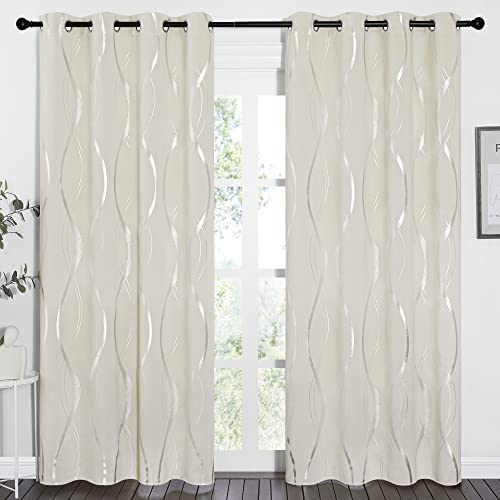 PONY DANCE Tende Camera da Letto Moderna Tende Termiche con Anelli Tende per Salotto Eleganti Tenda Oscurante con Motivo Curva Argento 2 Pezzi L 140 x A 245 cm, Beige Chiaro