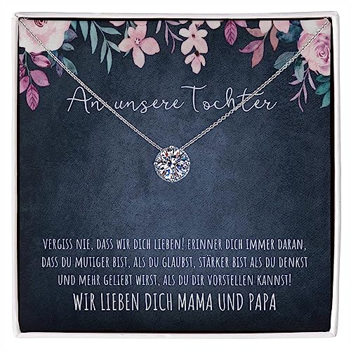 BYLITZ An unsere Tochter 925 Silber Halskette mit Spruch und Geschenkbox An meine Tochter Kette mit personalisierter Karte zum Geburtstag Weihnachten von Papa Mama Eltern (M1-1 Karat)