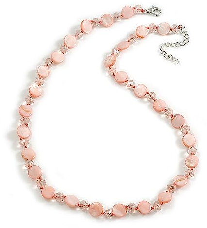 Avalaya Pastel Pink Coin Shell and Crystal Glass Bead Necklace with Silver Tone Closure - 60cm L/ 6cm Ext