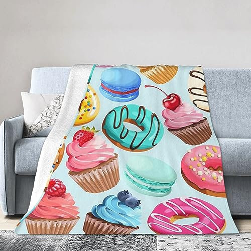 Melbrakin Decke mit Cupcakes-Donuts-Muster, superweiche Flanelldecke, Bequeme, gemütliche Überwurfdecke, Couch, leichte Decken für Wohnzimmer, Schlafzimmer, 127 x 101 cm