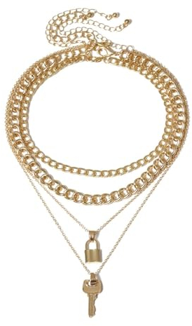 Homxi Pendente Collana Donna Oro,Collana Donna Lega con Pendente Catena a 4 Strati con Lucchetto e Chiave Collane Oro