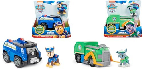 PAW PATROL, Polizei-Fahrzeug mit Chase-Figur & Recycling-Truck mit Rocky-Figur (Sustainable Basic Vehicle/Basis Fahrzeug), Spielzeug für Kinder ab 3 Jahren