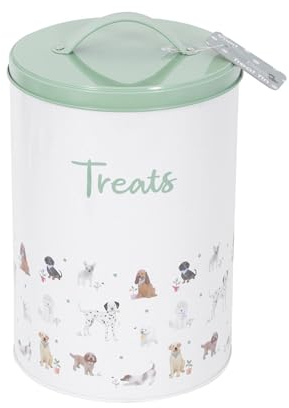 YöL Dog Treat Tin with Lid & Handle Pet Puppy Food Storage Container Snack Reward Tub White Green Illustrated Dog Print