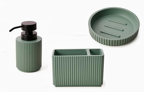 Textured Edge Bathroom Accessories Set Soft Resin Made Toothbrush Holder, Lotion Soap Dispenser, Soap Tray, Toilet Brush, Bin Bath Mat - Modern Bathroom Decor - Bathroom Organiser (Green, 3 Pcs)
