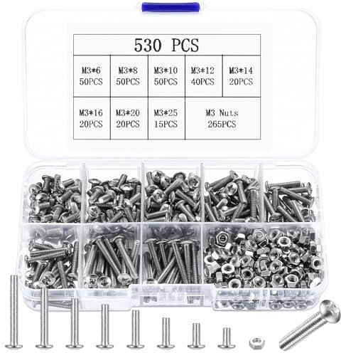 530 Pz M3 Viti Bulloni e Dadi Set, Viti a Testa Cilindrica a Croce, Bullone a Testa Bombata a Croce, Kit Assortimento Bulloni a Testa Tonda, Viti a Testa a Croce con Dadi Esagonali per Macchine