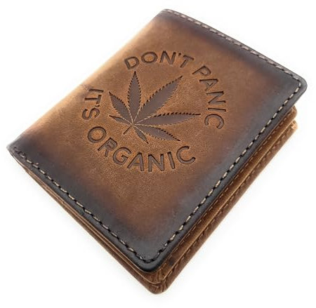 echt Leder Mini Geldbörse Portemonnaie mit RFID Schutz geprägtes Cannabisblatt (braun)