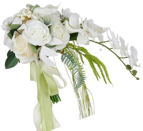 Zenlir Bouquet de roses en soie blanche et lys calla en tissu soyeux pour cadeau et décoration