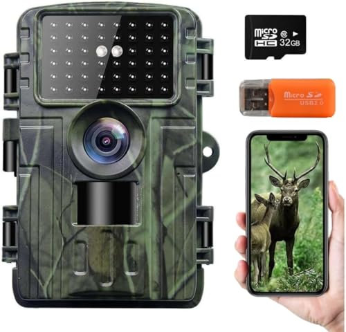 WLAN Wildkamera 4K 64MP mit 32GB Speicherkarte, Wildkamera mit Nachtsicht, 0,05s Auslöser Bewegung aktiviert, IP67 wasserdicht 30m 130° Weitwinkel 46 Infrarot-LEDs ohne Leuchten