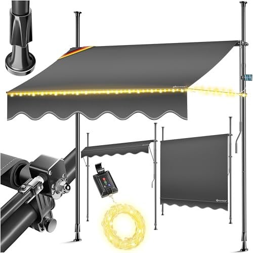 KESSER® Klemmmarkise mit Handkurbel & LED Lichterkette | Balkonmarkise ohne Bohren | Markise UV-beständig höhenverstellbar & wasserabweisend | Sonnenschutz für Balkon Terrasse & Garten 400cm