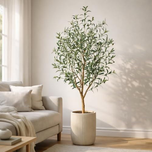 5FT Artificial Olive Tree, 160cm Tall Faux Olive Plant with Lifelike Fruits & Natural Wood Trunk, Adjustable Branches, Maintenance-Free Fake Tree in pot for Living Room, Home Office Indoor Decor