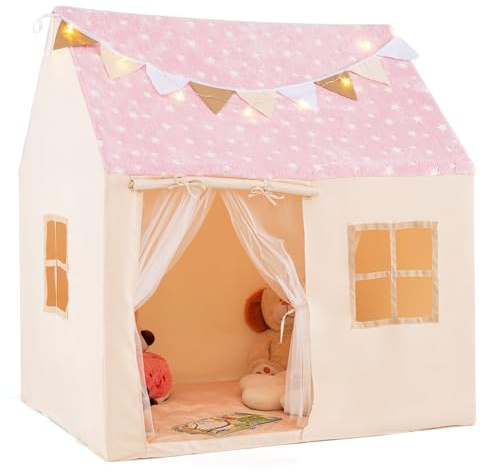 COSTWAY Tenda Casetta per Bambini con Tetto Stellato Luminoso nel Buio, Tenda per Bambini con Luci e Bandierine, Tenda da Gioco con Porta, 2 Finestre e Tappetino, per Interno ed Esterno (Rosa)