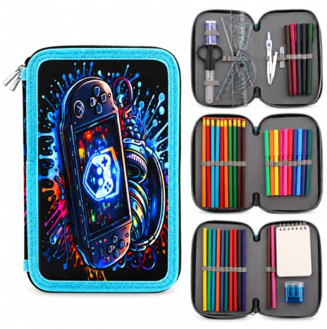 Federmäppchen Jungen Gamecontroller Mäppchen 44-teilig Schreibwaren 3 Fach | Große Federmappe 3 Fächer Reißverschluss Federtasche mit Lineal Wasserfarben Geschenk für Schule Mädchen Teenager (Blau)