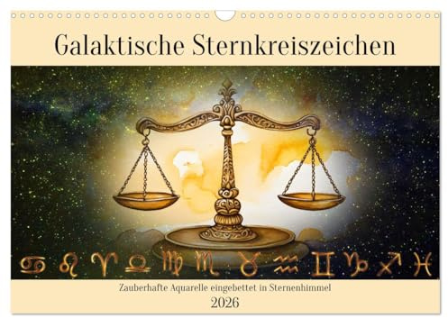 Galaktische Sternkreiszeichen (Wandkalender 2026 DIN A3 quer), CALVENDO Monatskalender: Zauberhafte Aquarelle eingebettet in Sternenhimmel (CALVENDO Hobbys)