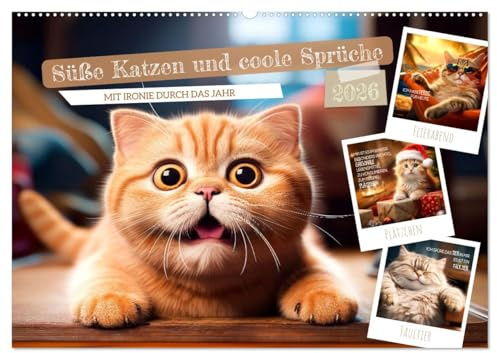 Süße Katzen und coole Sprüche (Wandkalender 2026 DIN A2 quer), CALVENDO Monatskalender: Mit Ironie durch das Jahr (CALVENDO Spass)