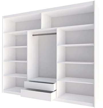 Kleiderschrank mit LED-Beleuchtung Malibu, Modernes Schwebetürenschrank, 250 x 215 x 61 cm, Schiebetür, Schlafzimmerschrank, Schlafzimmer (250 cm, Weiß/Weiß Glas)