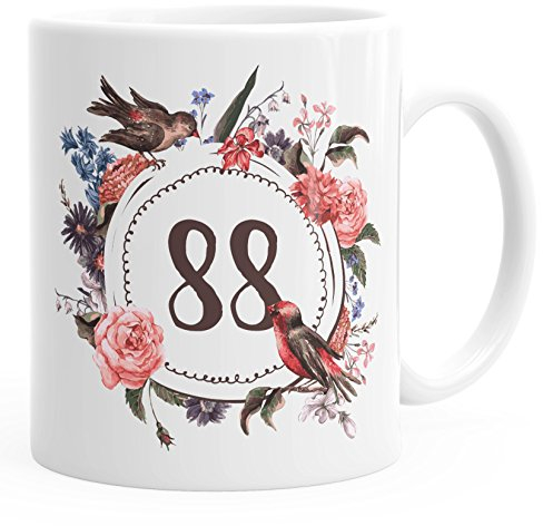 MoonWorks Geburtstags-Tasse 88 achtundachtig Geschenk-Tasse Kaffee-Tasse Blumen Blüten Blumenkranz weiß Unisize