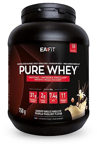 EAFIT Proteine in Polvere Whey 750 g Gusto Vaniglia Nocciola |31 g per Shaker Proteine | Whey Protein Concentrate e Isolate, BCAA + L-Glutammina + Taurina, Integratore per Massa Muscolare, 11 Vitamine
