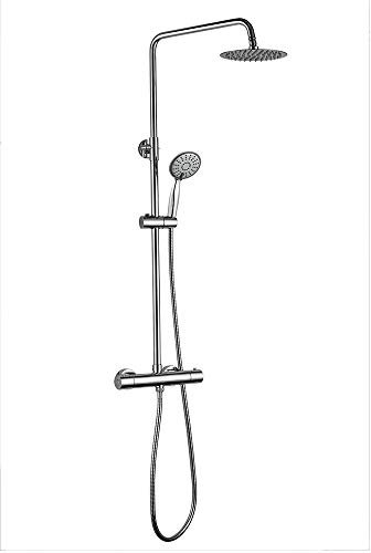 Columna de ducha termostática extralarga TACTO FRÍO Round. Tubo extensible de 100 a 150 cm. Antiquemaduras, con ducha hidromasaje y rociador redondos acabados en cromo brillo. Recambios garantizados