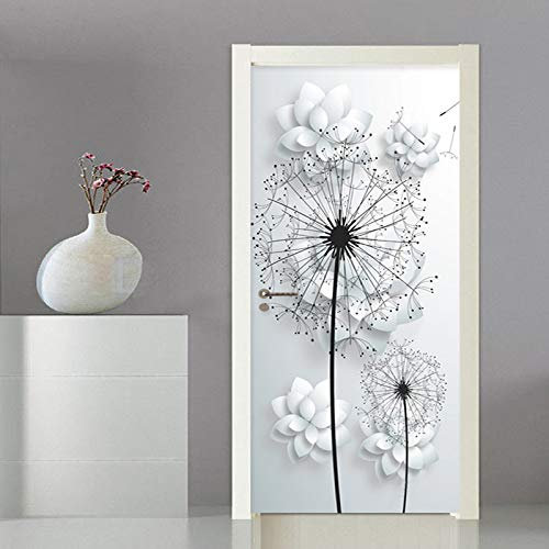 TMANQ Stickers 3D Porte Poster Fleurs Blanches De Pissenlit Créatif Papier Peint Porte Trompe l'oeil pour Chambre Salon Décoration De La Maison Stickers Muraux Imperméable Stickers Amovibles 77X200Cm