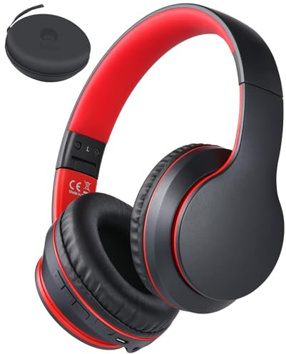 Rockpapa E7 Wireless Over Ear Kids Bluetooth Headphones with Microphone, Foldable Hi-Fi Stereo, Wireless Wired for Phone/PC/TV, Include Travel Case, Black Red