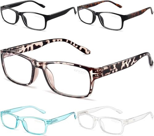 Gaoye Confezione da 5 Occhiali da Lettura Blocco Luce Blu, Lettori con Cerniera a Molla per Donna Uomo Filtro Antiriflesso Occhiali da Vista Leggeri (#5-Pack Mix Color, 1.75)