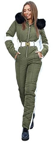 Yousify Damen Winter-Einteiler, Ski-Jumpsuits, Outdoor-Sport, wasserdicht, abnehmbarer Fellkragen - Grün - Small