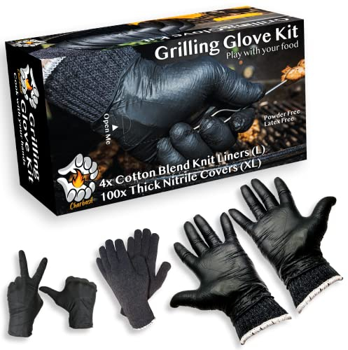 Kit de gants de grillade – Gants jetables en nitrile noir 100 ct – 2 paires épaisses résistantes à la chaleur et réutilisables – Housse remplaçable pour la cuisine