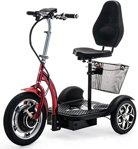 VELECO ZT16-3-rädriger Mobilitätsroller – komplett montiert und fahrbereit – große Räder – leicht zu manövrieren – Vorder- und Hinterradbremsen – abnehmbarer Einkaufskorb - Rückwärtsgang (Rot)
