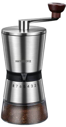 HAIYUECOFEE Manual Coffee Grinder with 8 Adjustable Coarseness Settings, Hand Crank Coffee Mill with Ceramic Burr for Espresso Beans, French Press, Pour Over, Drip Coffee – Rustproof, Non-Dulling