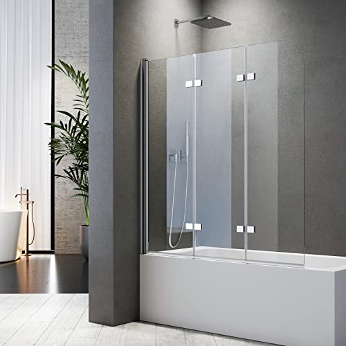 Faltwand für Badewanne 130x140cm Badewannenaufsatz 3 teilig, Duschwand für Badewanne faltbar mit 6 mm Sicherheitsglas (ESG) Klar hell Profilfarbe Chromoptik Duschabtrennung Duschwand