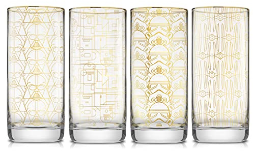 JoyJolt Star Wars Glassware Highball-Gläser Set von 4 382.7 g Star Wars Gläser Highball Glas Tumbler mit Darth Vader in einem Retro Kristallglas Cup Hohe Trinkwassergläser für Küche