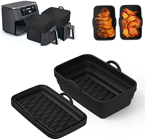 Silicone Air Fryer Liners Dual Zone,2-Pack Rectangle 8.6 x 5.5,[Upgraded] Thickened Reusable Foldable Air fryer Silicone Liners for Ninja AF300UK AF400UK and Other Double Basket Air Fryers
