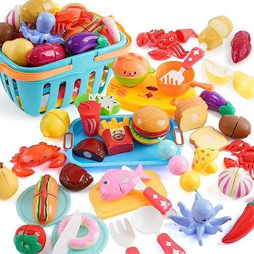 35 Pièces Jouets Enfant Cuisine,Accessoire de Jouet de Cuisine Enfant avec Crabe, Homard, Couverts et Panier de Rangement,Fruits et Légumes Jouet à Couper de Jouet imitant pour Enfants 3 Ans+