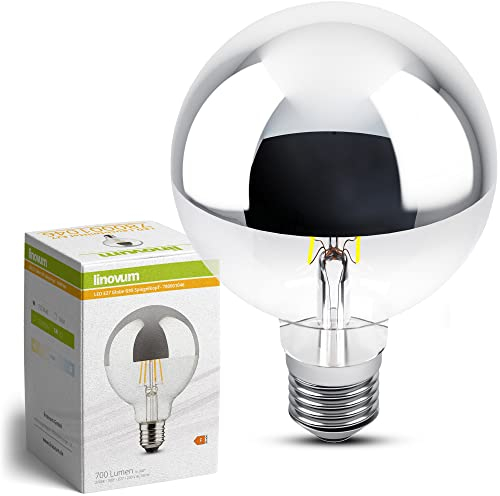 linovum LED Filament Kopfspiegel XL Birne E27 mit blendfreiem Spiegelkopf - warmweiß 2700K - Globe Spiegelkopf Glühbirne 7W