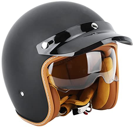 3/4 Offene Helme, Mattschwarzer Sonnenschutz, Retro-Stil, Hochkomfortable Motorradhelme für den Außenbereich (XXL 61–63 cm)