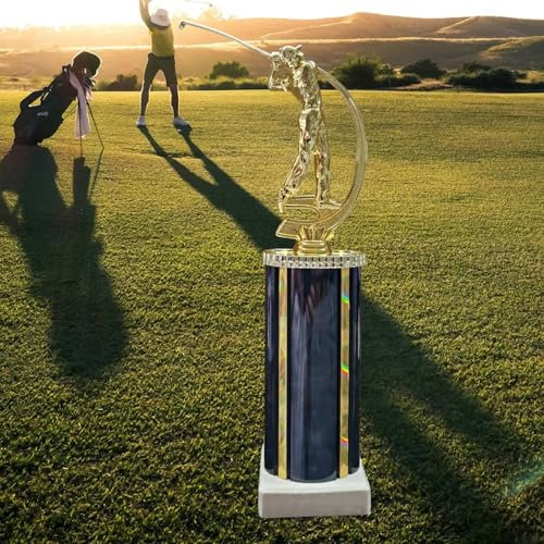 eberin · Golf Pokal · Golf Award · Spieler Gold mit Schwung · Säule Holzoptik/Gold · Figur · Skulptur · großer Golf Pokal mit oder ohne Gravur · 32,5 cm ·