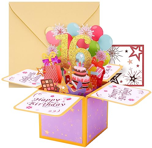 Firtink Geburtstagskarte,3D Pop Up Karte Geburtstag Pop Up Grußkarten Glückwünsche Geburtstagskarten mit Umschlag für Mama Frauen Männer Romantik Geschenk-Karte zum 16.Geburtstag (16th)