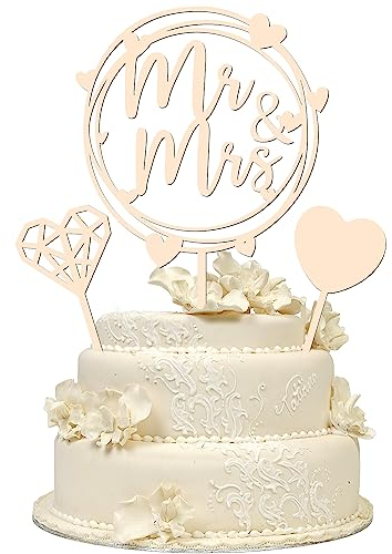 3 Stück Holz Tortendeko Cake Topper Hochzeit Mr & Mrs Deko Hochzeit Torte Holz Herz Kuchen Topper, Hochzeitstorte Topper Tortendeko Hochzeit für Hochzeit Jubiläum Verlobung