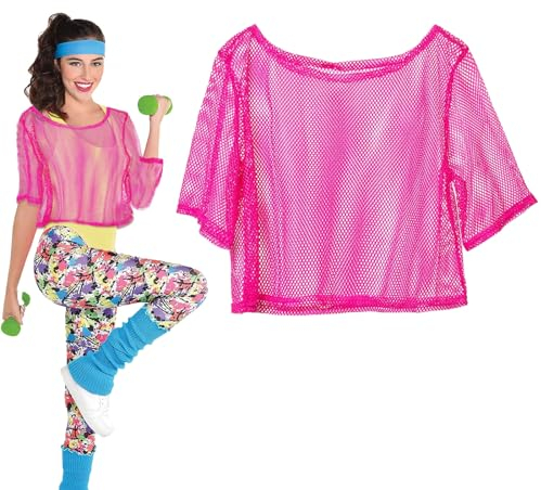 XNIVUIS Haut en résille fluo - Déguisement - Haut en résille des années 80 - Unisexe - Taille unique - Costume disco rétro pour femme - T-shirt à épaules dénudées - Pour fête à thème des années 80,