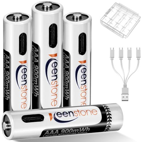 Keenstone Piles AAA Rechargeables USB-C, 900mWh Lithium-ION LR3 HR3, 1,5V Tension Constante, Charge Directe Via USB-C, Lot de 4