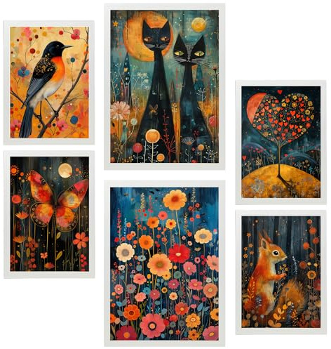 Nacnic-Set mit 6 Dekorative Malerei Tiere und Natur, inspiriert von Rosina Wachtmeister Gerahmtes Poster mit Design-Illustrationen zur Dekoration der Wände A3 & A4 Weißer Rahmen